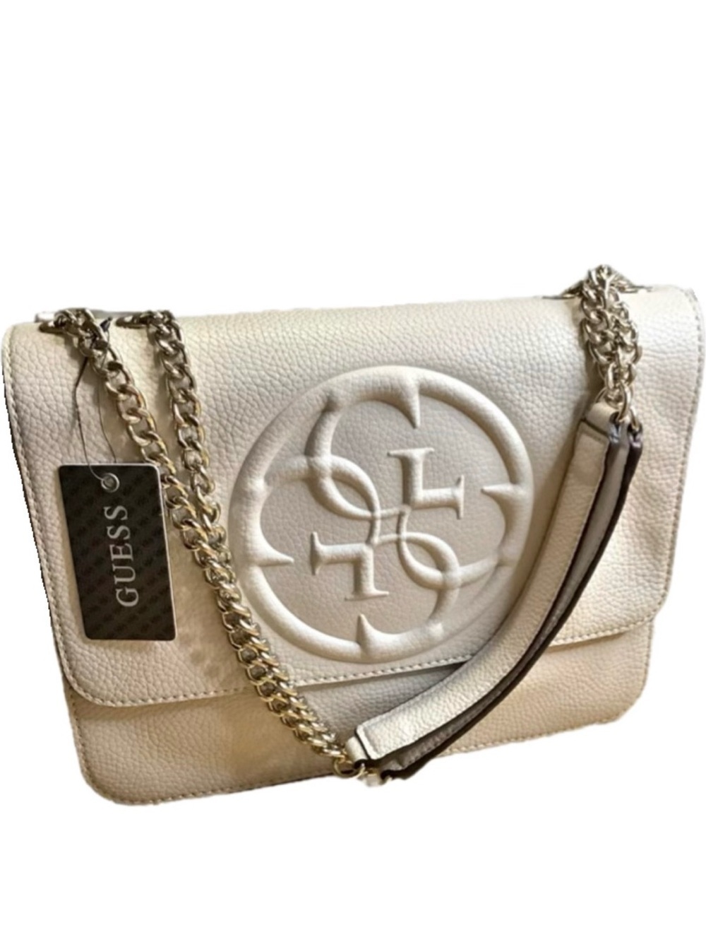 GUESS Korry Crush Shoulder Bag White Bone Pebbled Chain Crossbody NWT